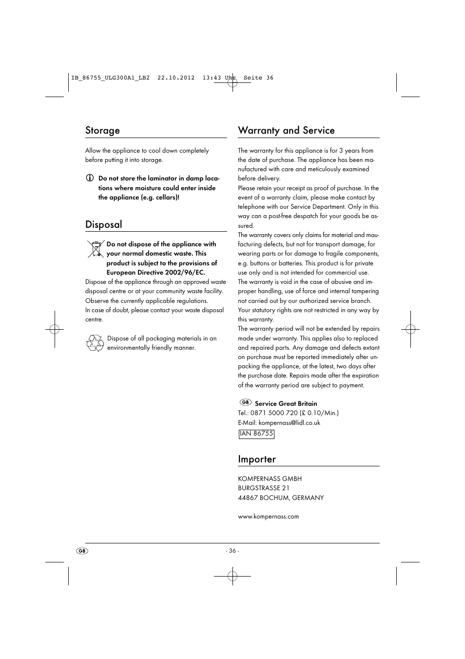 Storage, Disposal, Warranty and service | Importer | United Office ULG 300 A1 User Manual | Page 39 / 40