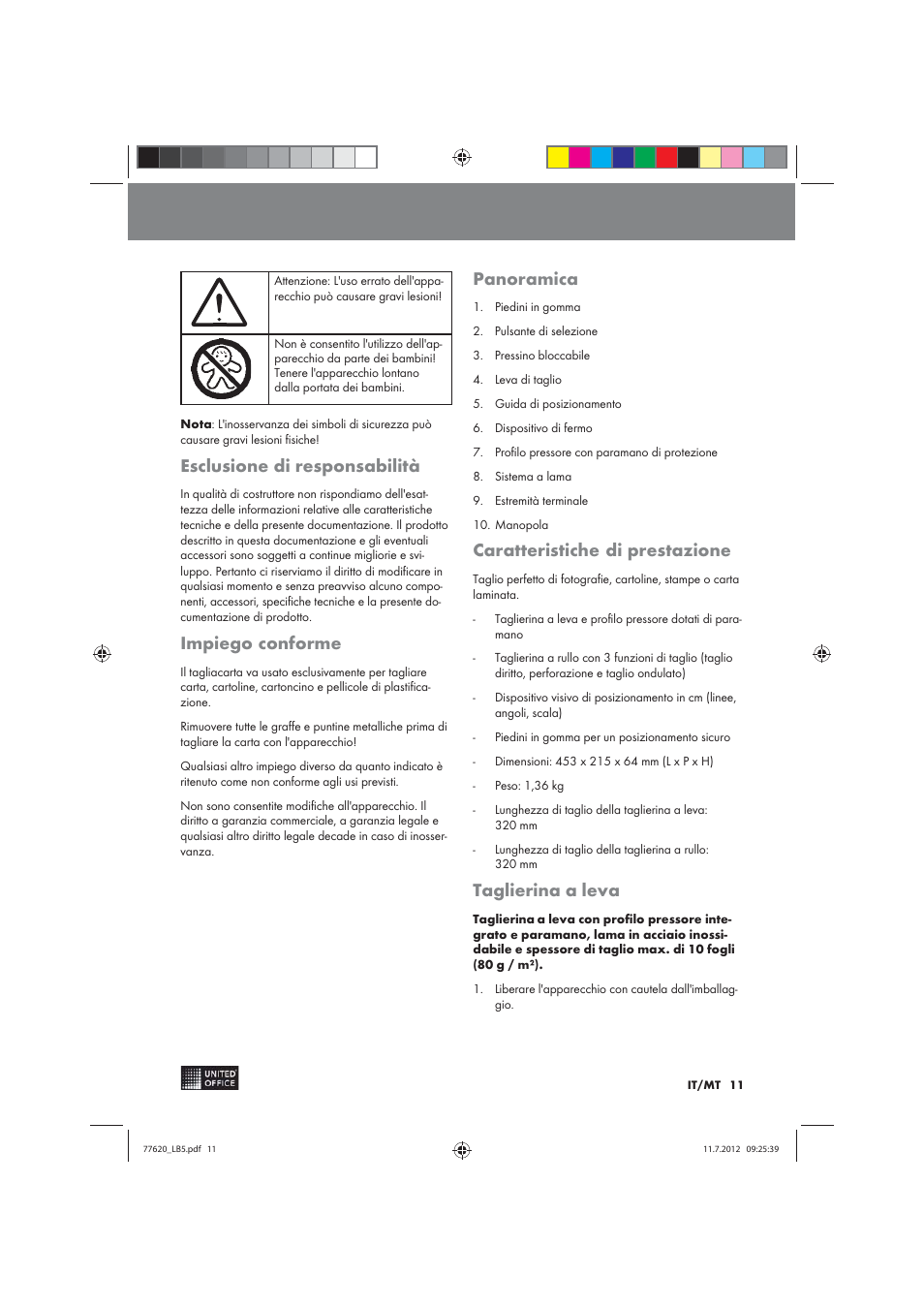 Esclusione di responsabilità, Impiego conforme, Panoramica | Caratteristiche di prestazione, Taglierina a leva | United Office 2-in-1 Paper Trimmer User Manual | Page 11 / 34