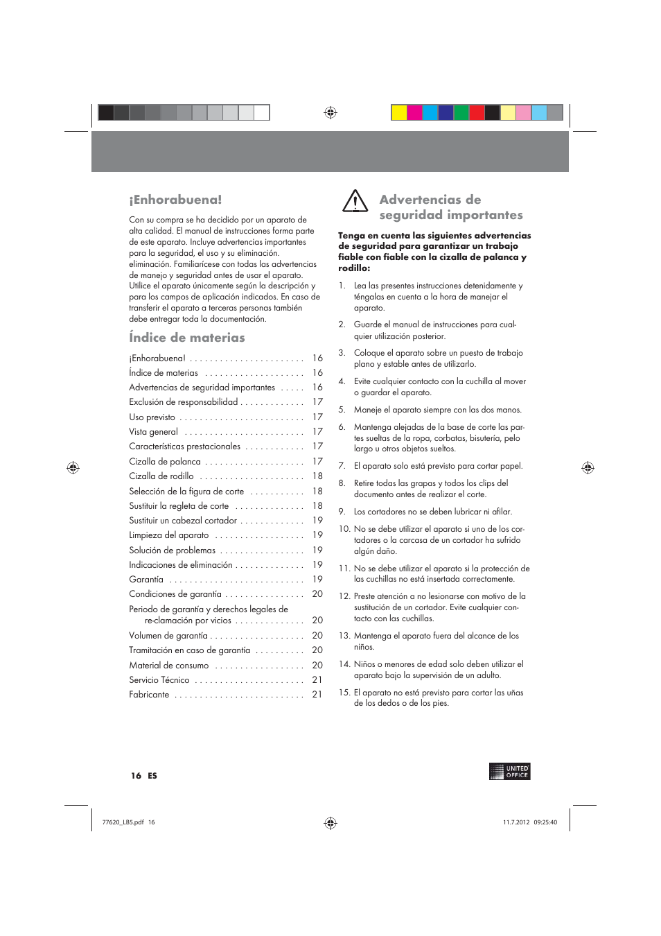 Enhorabuena, Índice de materias, Advertencias de seguridad importantes | United Office 2-in-1 Paper Trimmer User Manual | Page 16 / 34