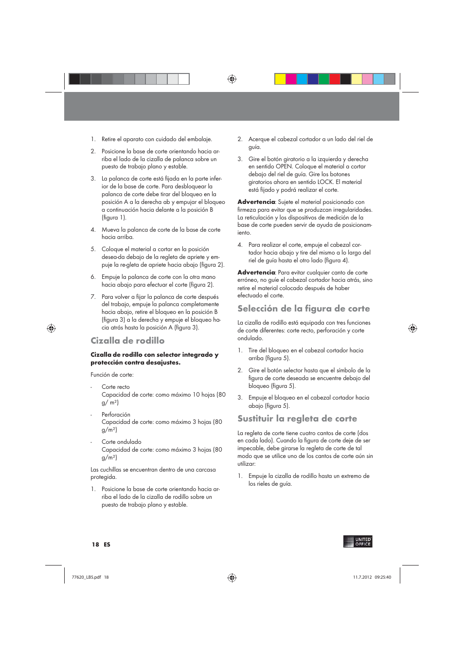 Cizalla de rodillo, Selección de la figura de corte, Sustituir la regleta de corte | United Office 2-in-1 Paper Trimmer User Manual | Page 18 / 34