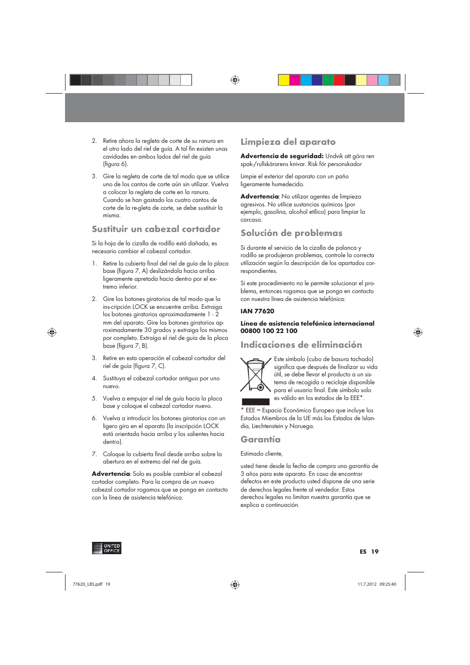 Sustituir un cabezal cortador, Limpieza del aparato, Solución de problemas | Indicaciones de eliminación, Garantía | United Office 2-in-1 Paper Trimmer User Manual | Page 19 / 34