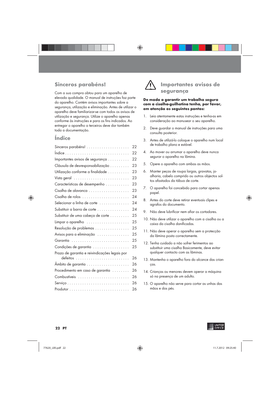 Sinceros parabéns, Índice, Importantes avisos de segurança | United Office 2-in-1 Paper Trimmer User Manual | Page 22 / 34