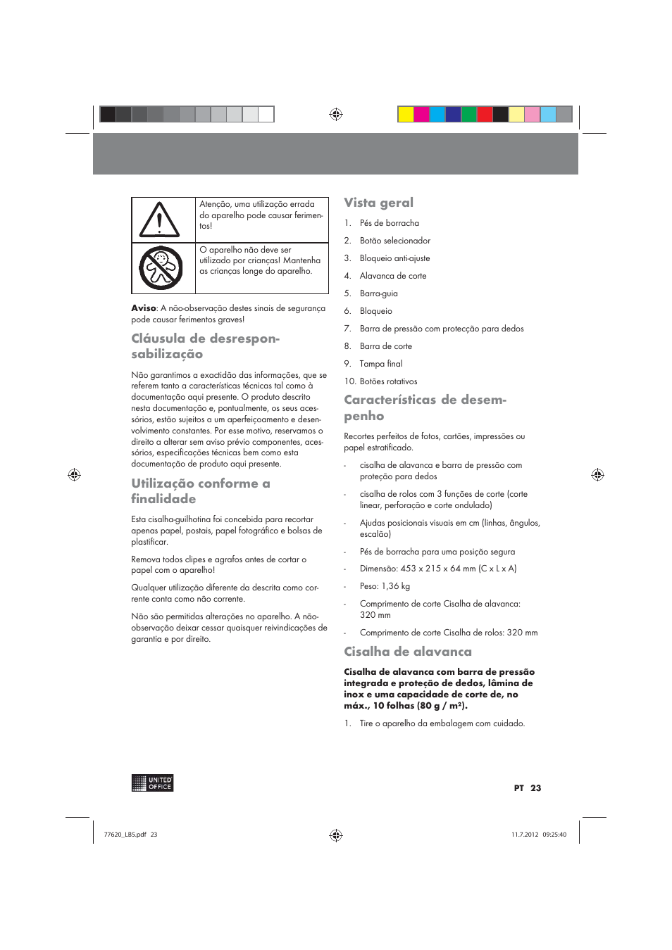 Cláusula de desrespon­ sabilização, Utilização conforme a finalidade, Vista geral | Características de desem­ penho, Cisalha de alavanca | United Office 2-in-1 Paper Trimmer User Manual | Page 23 / 34