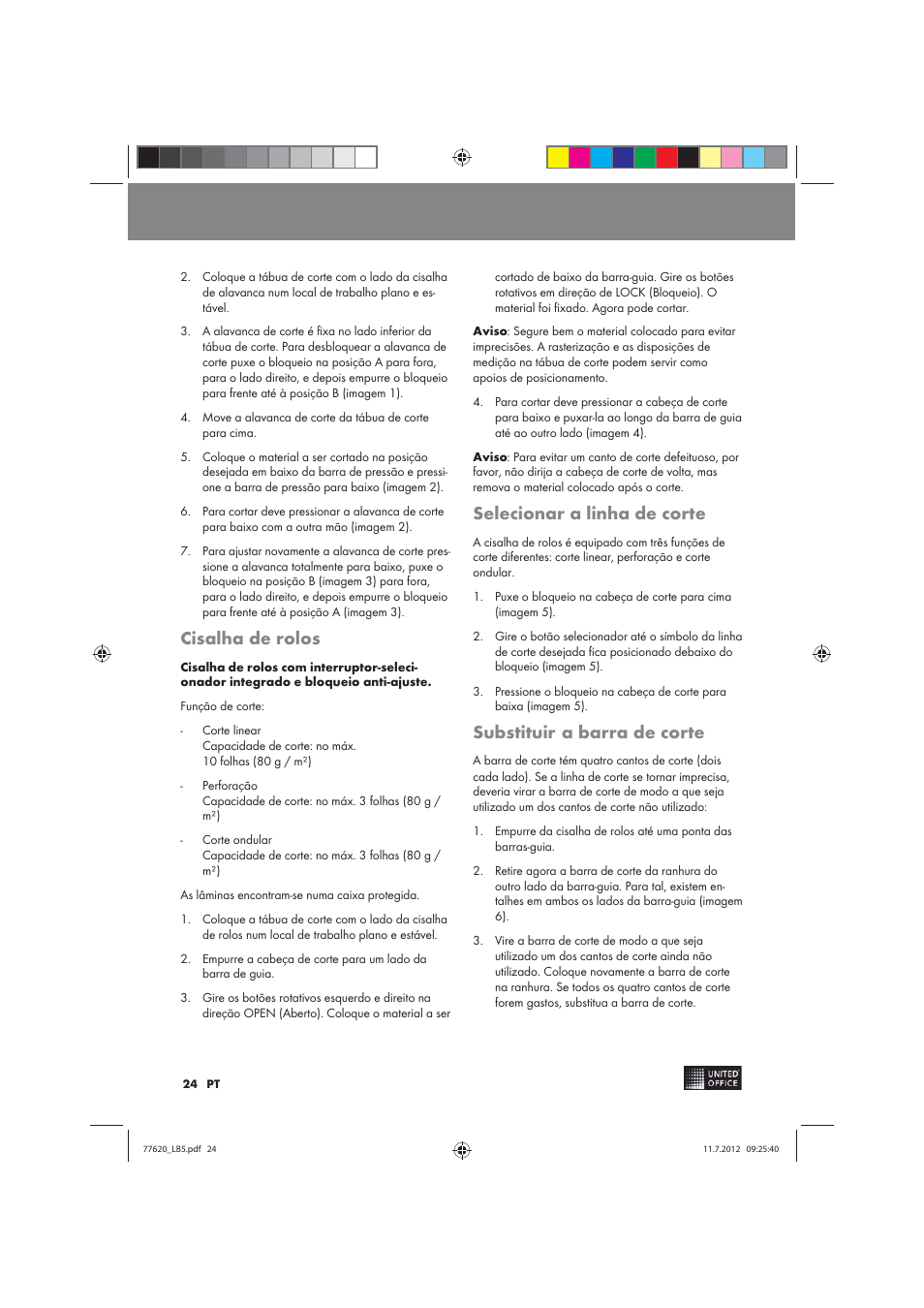 Cisalha de rolos, Selecionar a linha de corte, Substituir a barra de corte | United Office 2-in-1 Paper Trimmer User Manual | Page 24 / 34