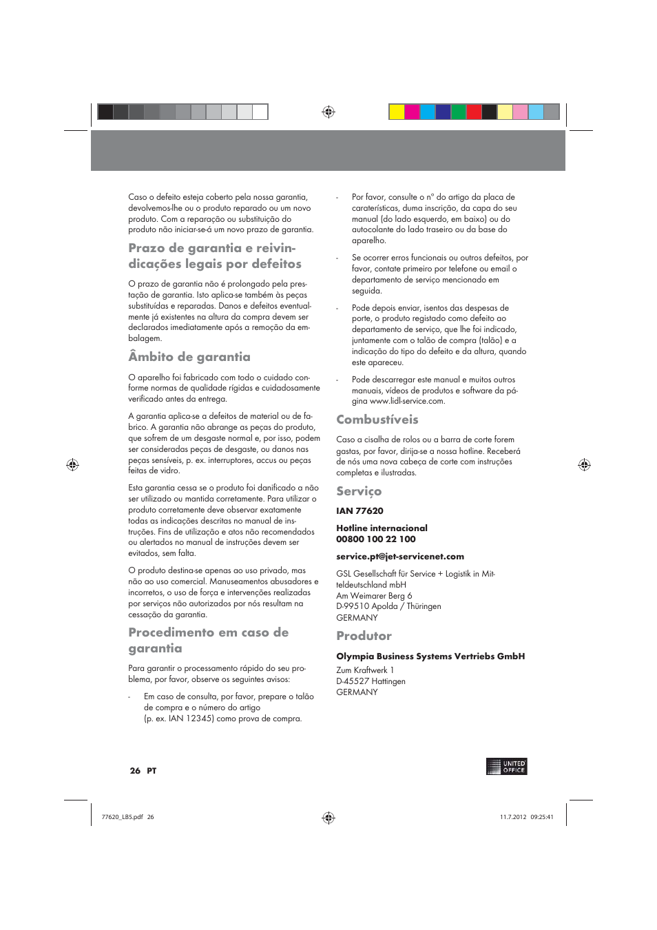 Âmbito de garantia, Procedimento em caso de garantia, Combustíveis | Serviço, Produtor | United Office 2-in-1 Paper Trimmer User Manual | Page 26 / 34