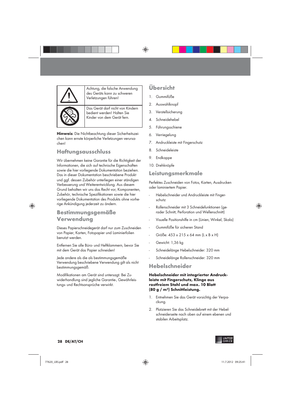 Haftungsausschluss, Bestimmungsgemäße verwendung, Übersicht | Leistungsmerkmale, Hebelschneider | United Office 2-in-1 Paper Trimmer User Manual | Page 28 / 34