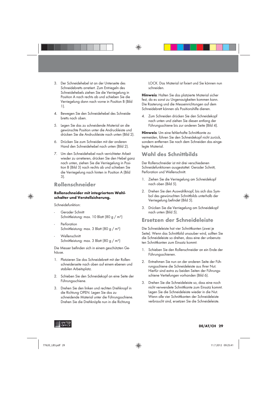 Rollenschneider, Wahl des schnittbilds, Ersetzen der schneideleiste | United Office 2-in-1 Paper Trimmer User Manual | Page 29 / 34