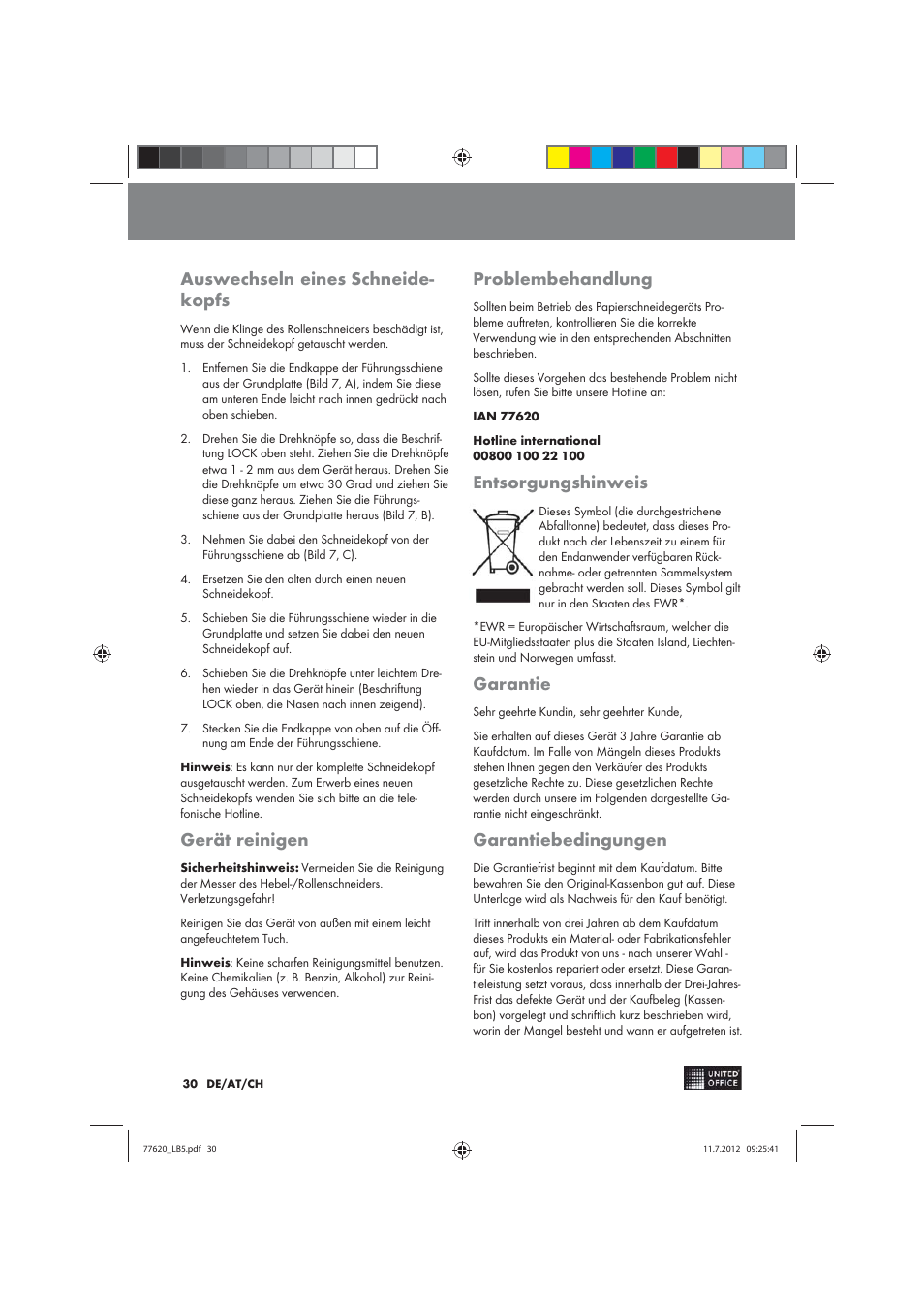 Auswechseln eines schneide­ kopfs, Gerät reinigen, Problembehandlung | Entsorgungshinweis, Garantie, Garantiebedingungen | United Office 2-in-1 Paper Trimmer User Manual | Page 30 / 34