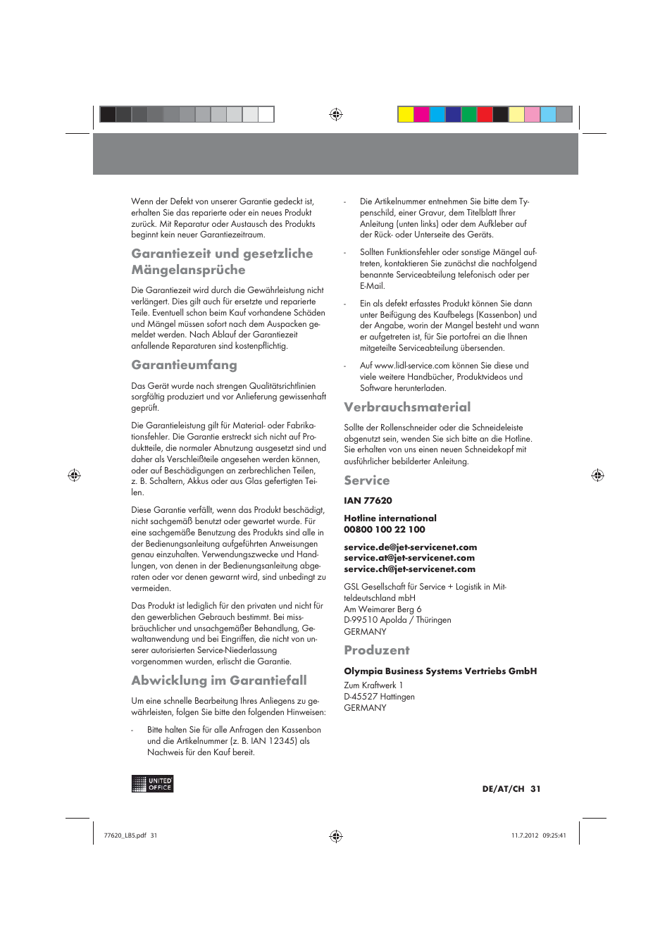 Garantiezeit und gesetzliche mängelansprüche, Garantieumfang, Abwicklung im garantiefall | Verbrauchsmaterial, Service, Produzent | United Office 2-in-1 Paper Trimmer User Manual | Page 31 / 34