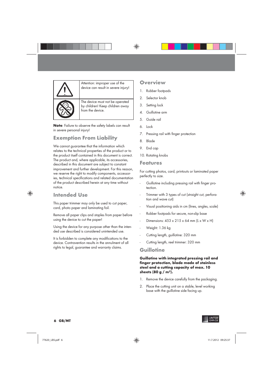 Exemption from liability, Intended use, Overview | Features, Guillotine | United Office 2-in-1 Paper Trimmer User Manual | Page 6 / 34