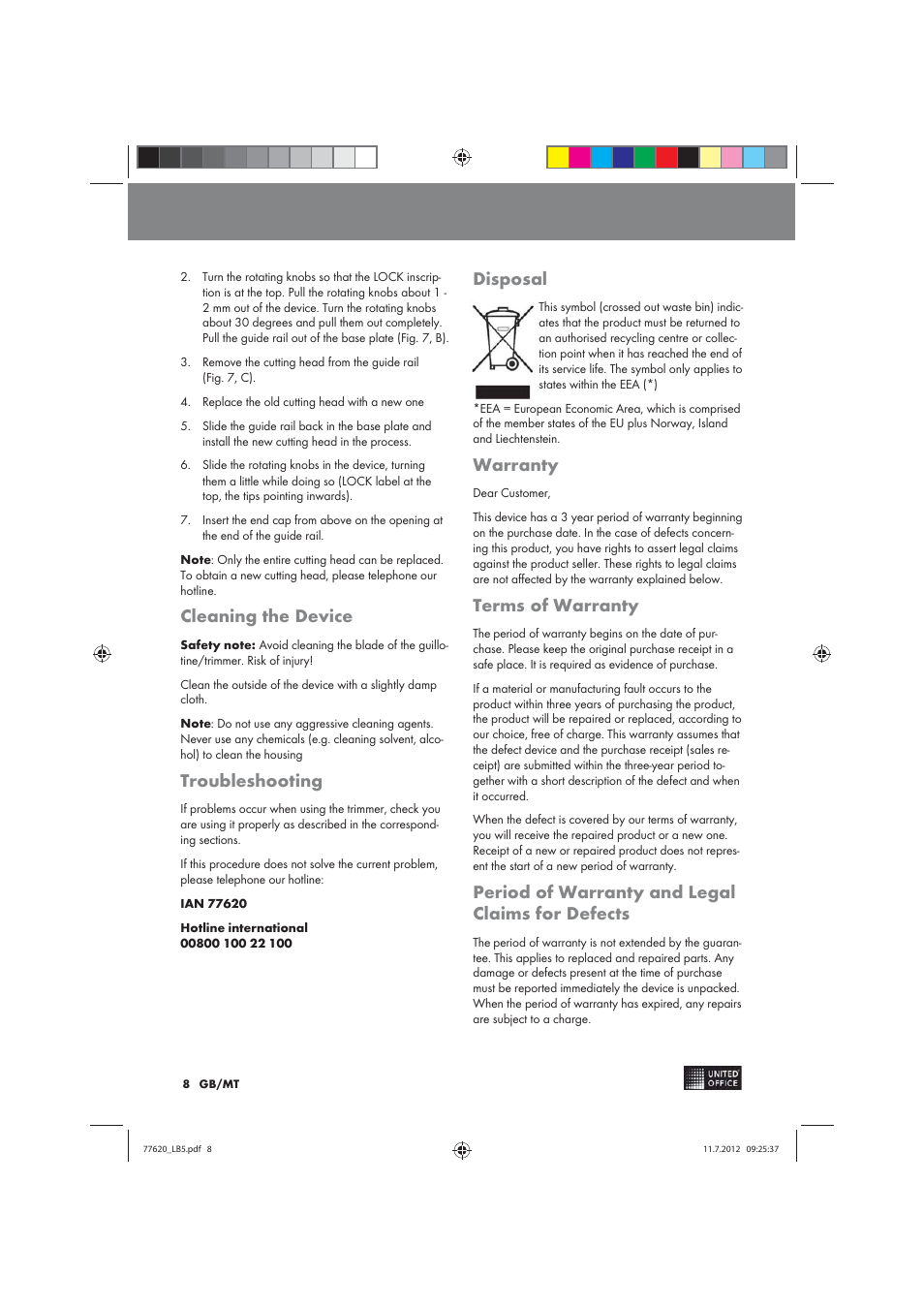 Cleaning the device, Troubleshooting, Disposal | Warranty, Terms of warranty, Period of warranty and legal claims for defects | United Office 2-in-1 Paper Trimmer User Manual | Page 8 / 34