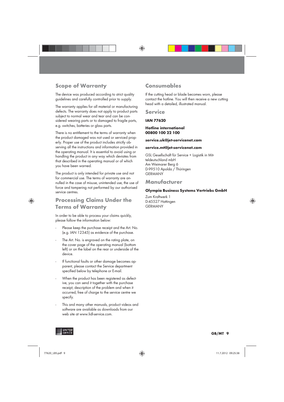 Scope of warranty, Processing claims under the terms of warranty, Consumables | Service, Manufacturer | United Office 2-in-1 Paper Trimmer User Manual | Page 9 / 34