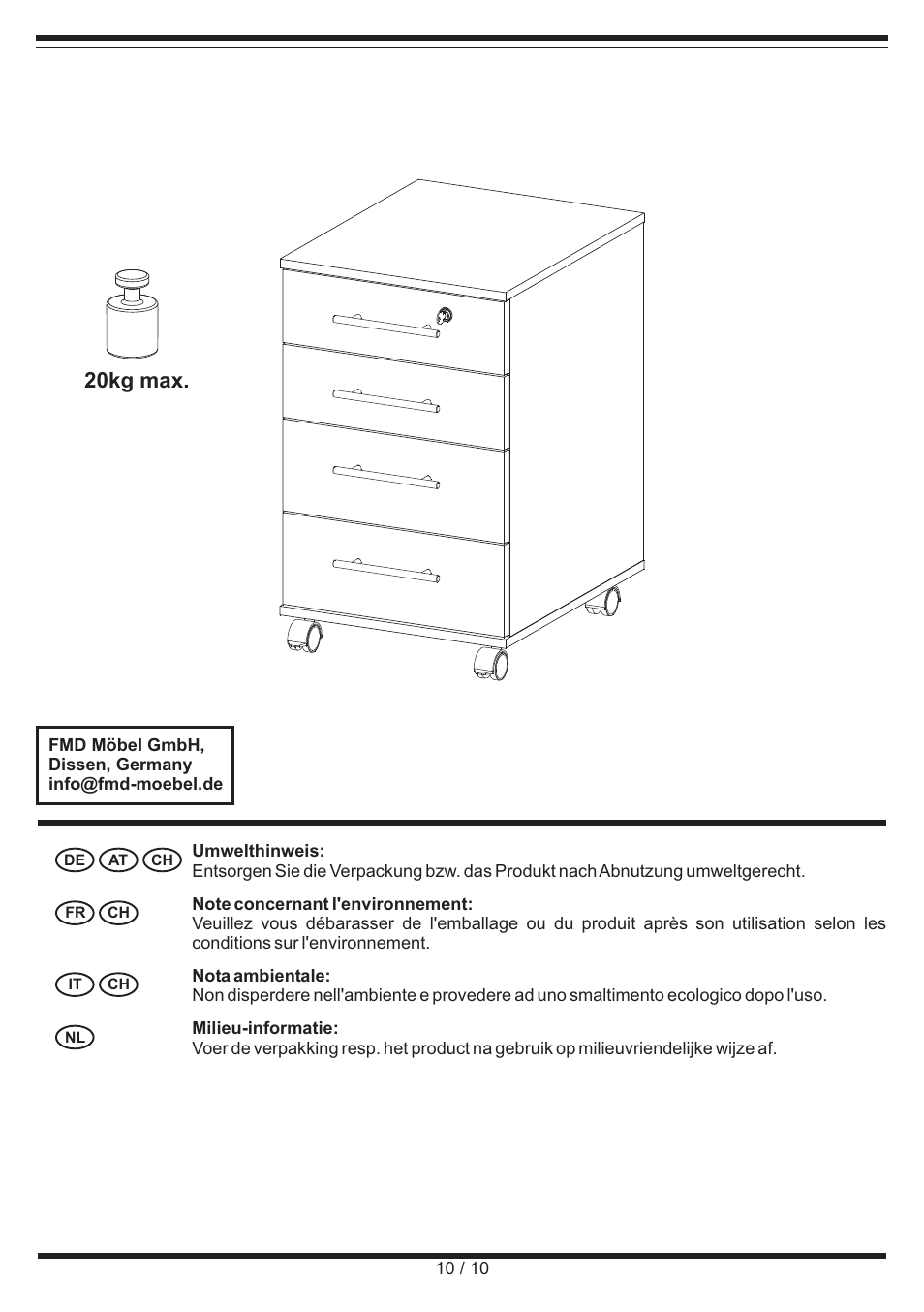 20kg max | United Office Drawer Cabinet User Manual | Page 10 / 10