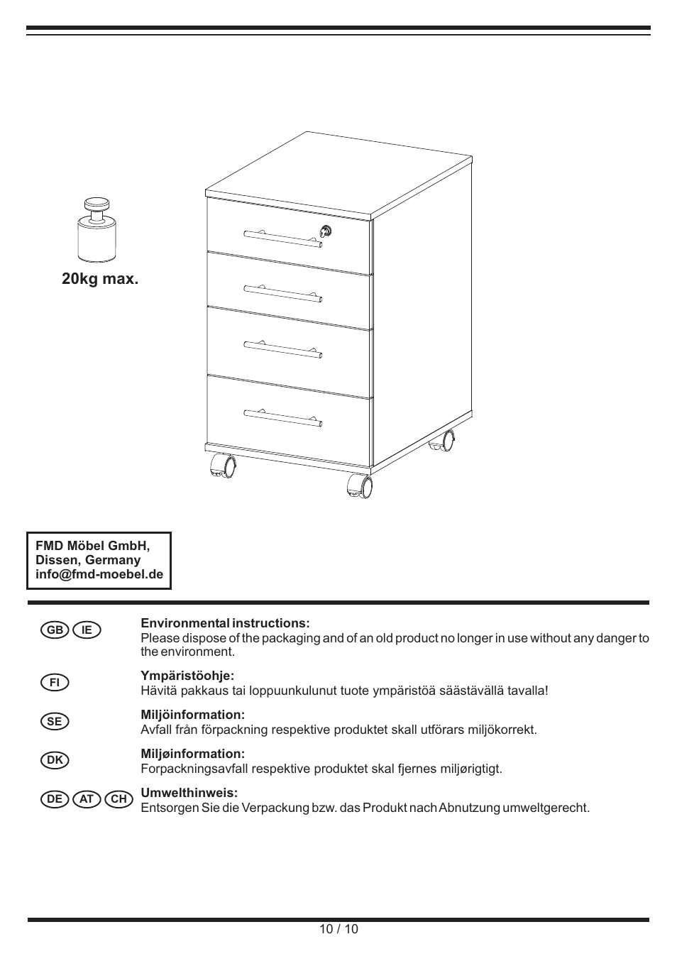 20kg max | United Office Drawer Cabinet User Manual | Page 10 / 10