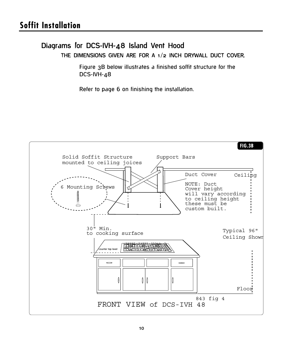 Soffit installation, Front view, Diagrams for dcs-ivh-48 island vent hood | Of dcs-ivh 48 | DCS -IVH-48 User Manual | Page 12 / 20