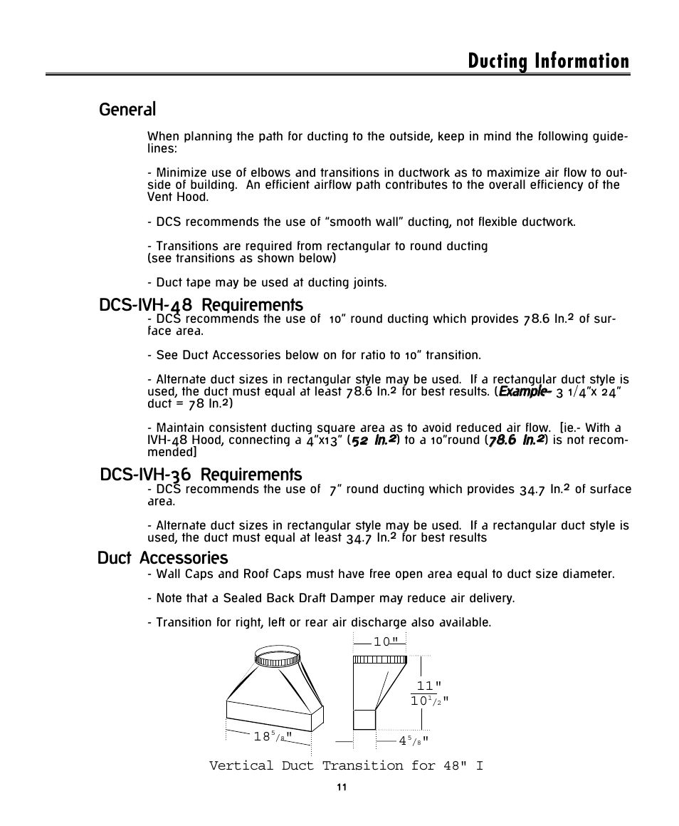 Ducting information, Duct accessories general, Dcs-ivh-48 requirements dcs-ivh-36 requirements | DCS -IVH-48 User Manual | Page 13 / 20