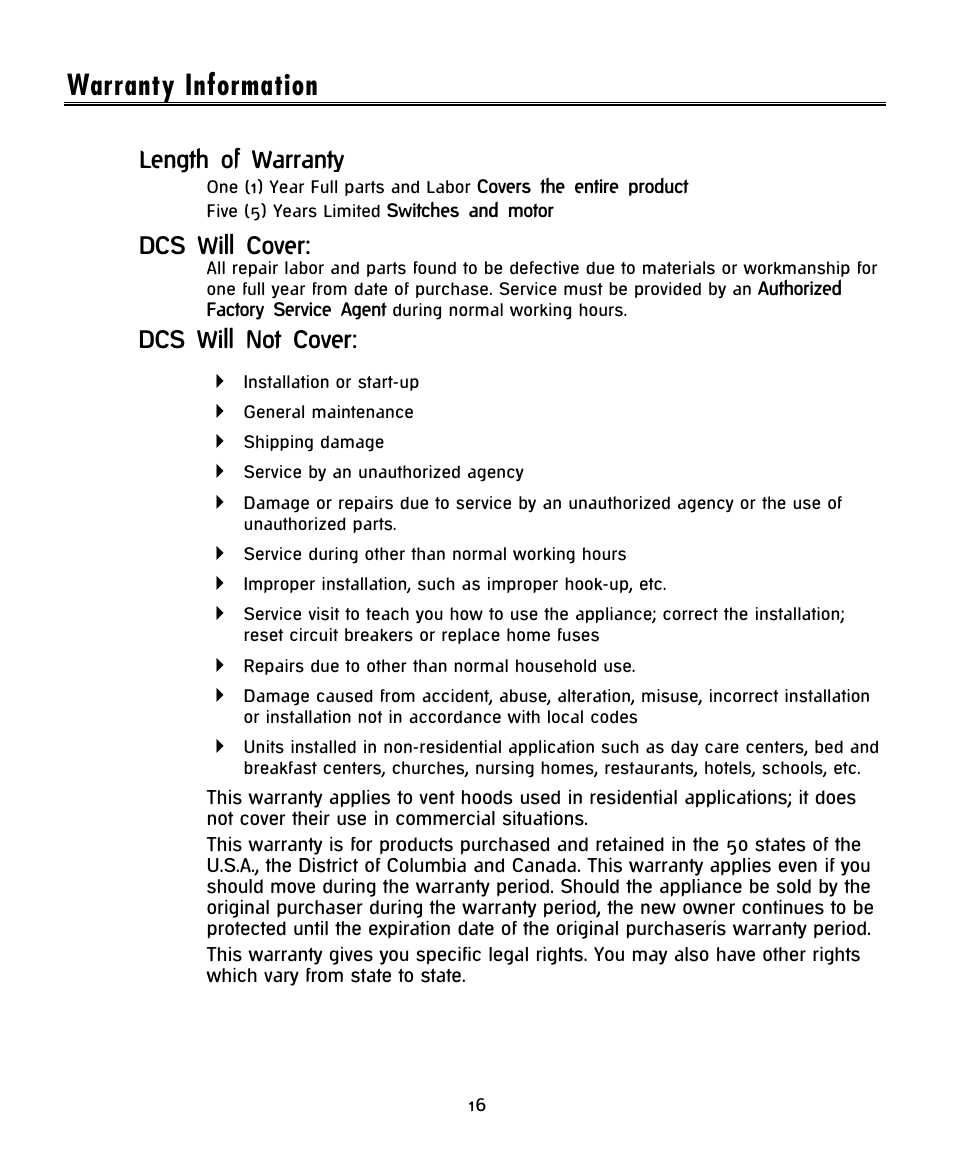 Warranty information, Length of warranty, Dcs will cover: dcs will not cover | DCS -IVH-48 User Manual | Page 18 / 20