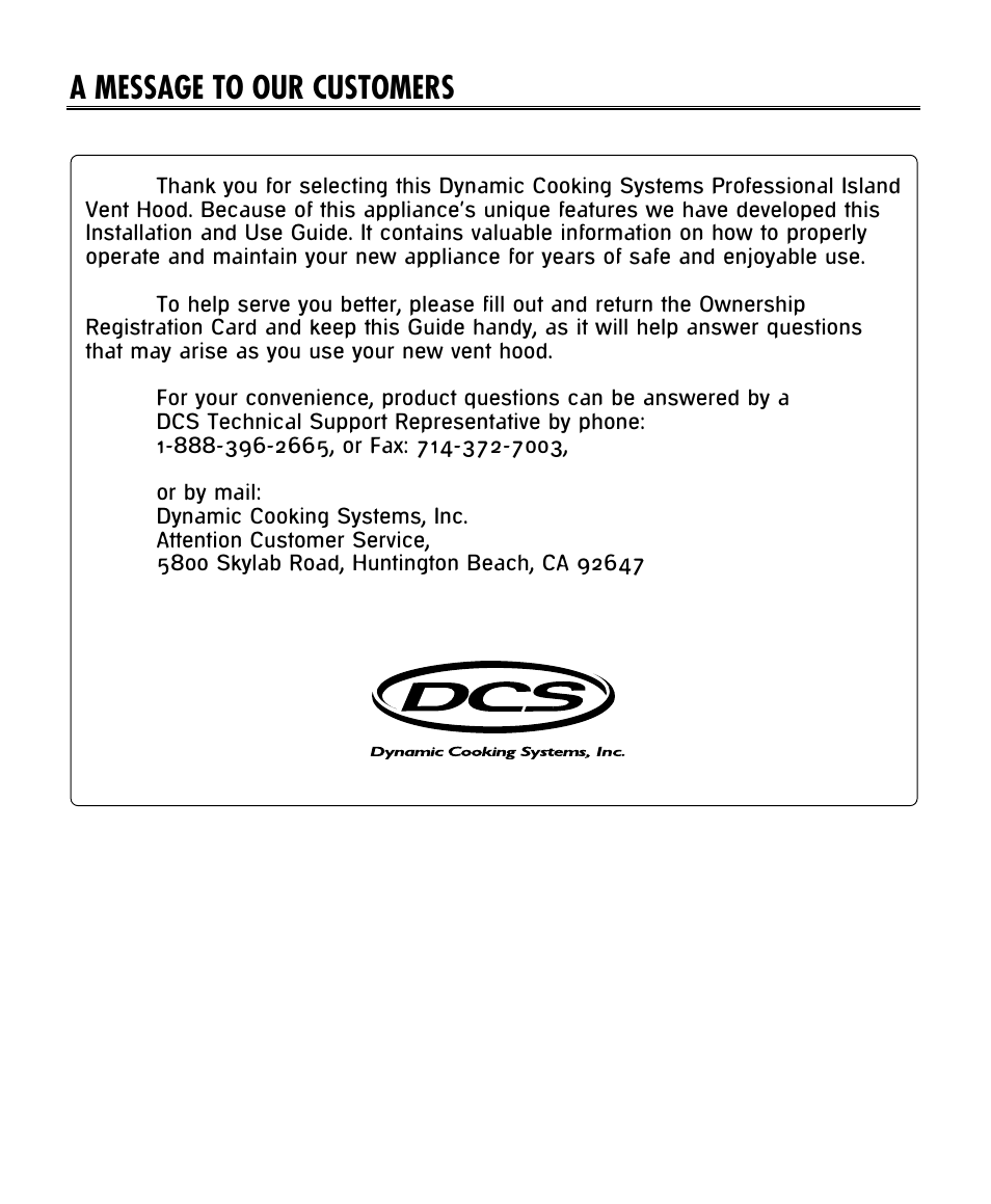 A message to our customers | DCS -IVH-48 User Manual | Page 2 / 20