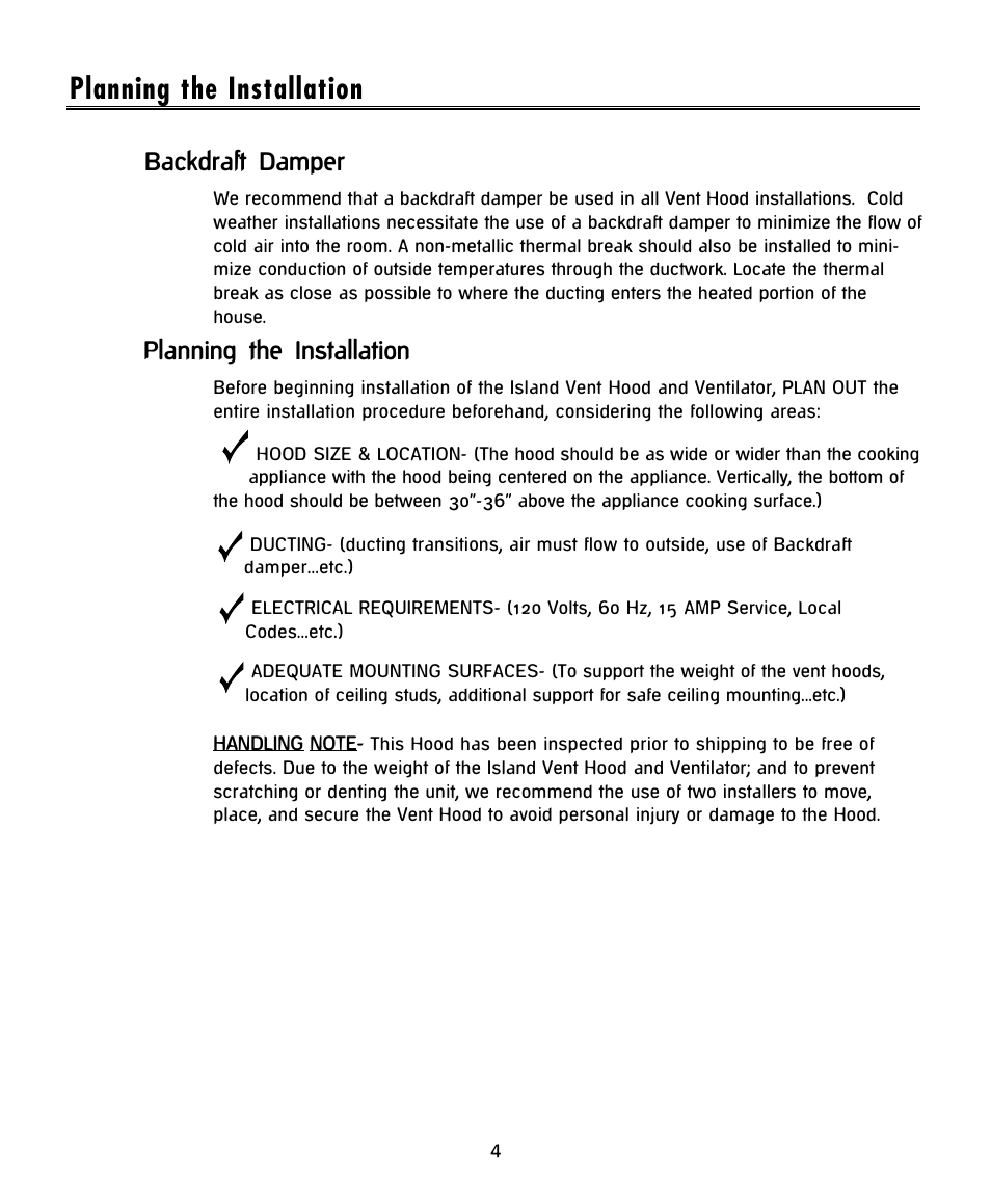 Planning the installation, Backdraft damper | DCS -IVH-48 User Manual | Page 6 / 20