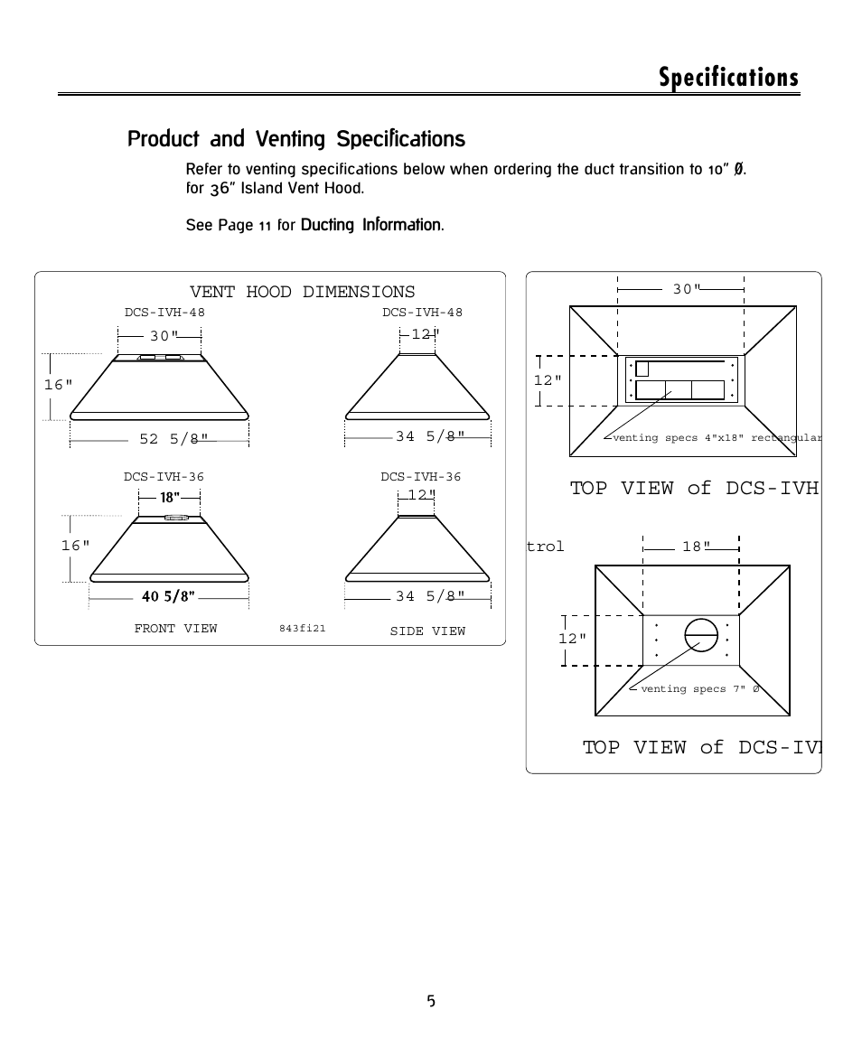 Specifications, Product and venting specifications, Top view of dcs-ivh | DCS -IVH-48 User Manual | Page 7 / 20