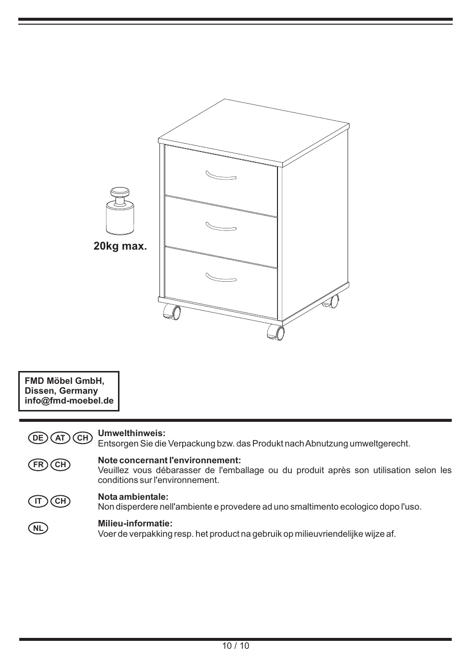 20kg max | United Office Drawer Cabinet User Manual | Page 10 / 10