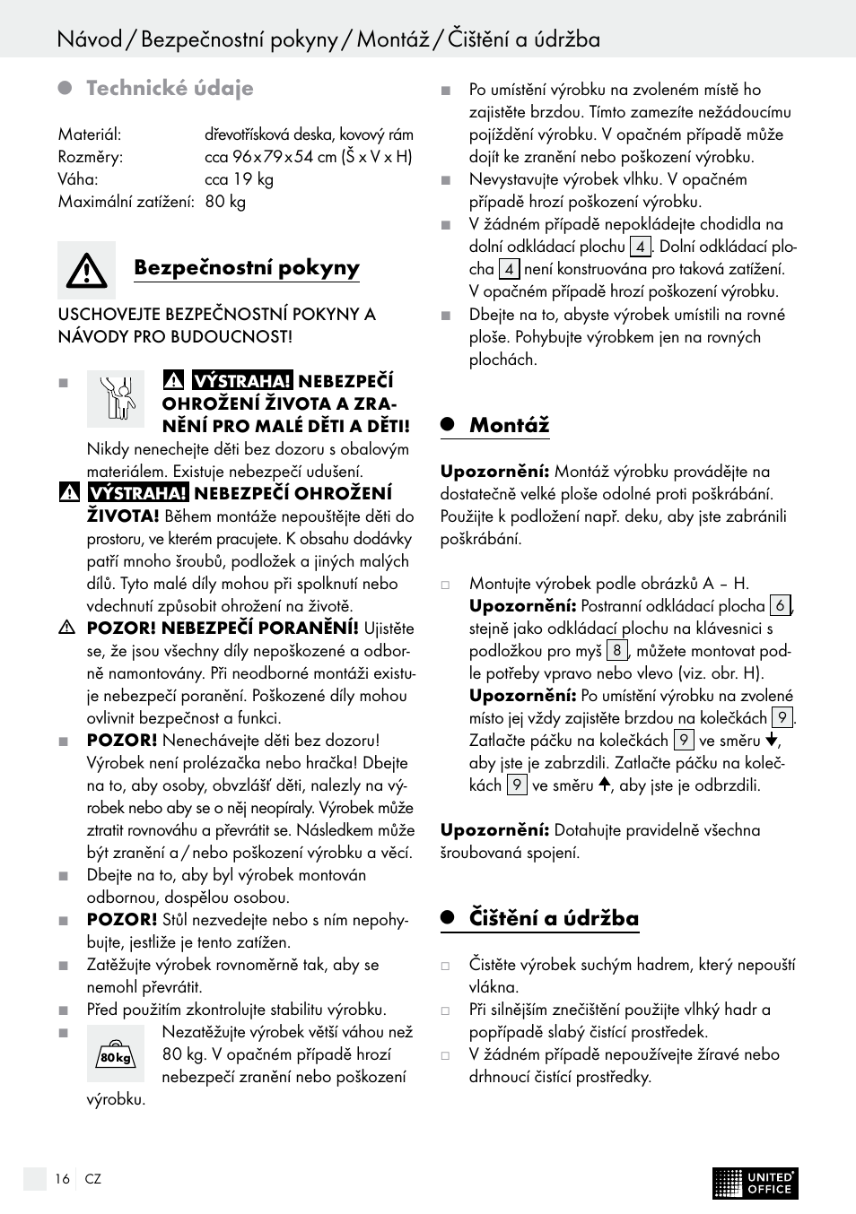 Technické údaje, Bezpečnostní pokyny, Montáž | Čištění a údržba | United Office Z11063 User Manual | Page 16 / 28