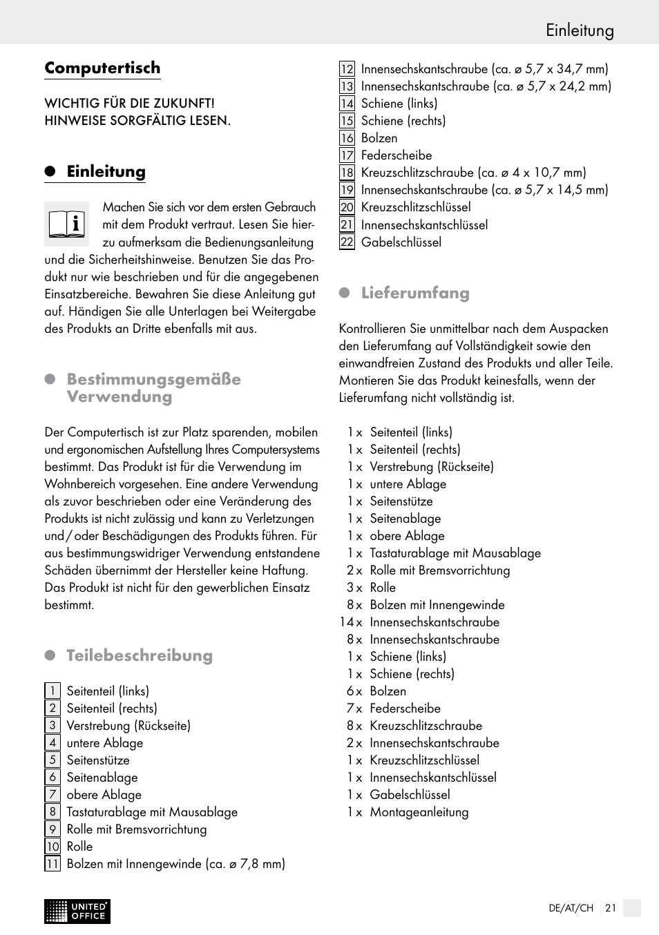 Einleitung, Computertisch, Bestimmungsgemäße verwendung | Teilebeschreibung, Lieferumfang | United Office Z11063 User Manual | Page 21 / 28