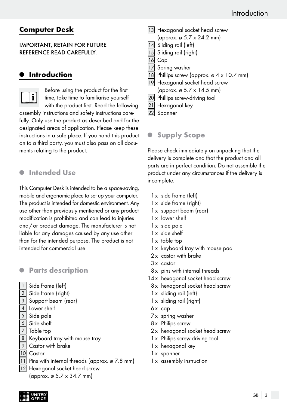 Introduction, Computer desk, Intended use | Parts description, Supply scope | United Office Z11063 User Manual | Page 3 / 28