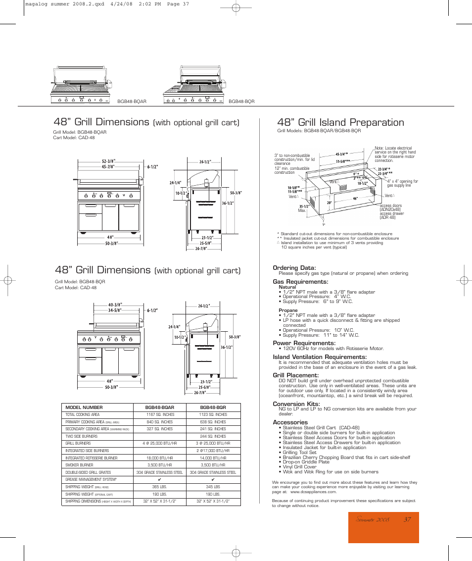 48” grill dimensions, 48” grill island preparation, With optional grill cart) | Ignition | DCS 48" Professional Grill OGP48in User Manual | Page 2 / 2