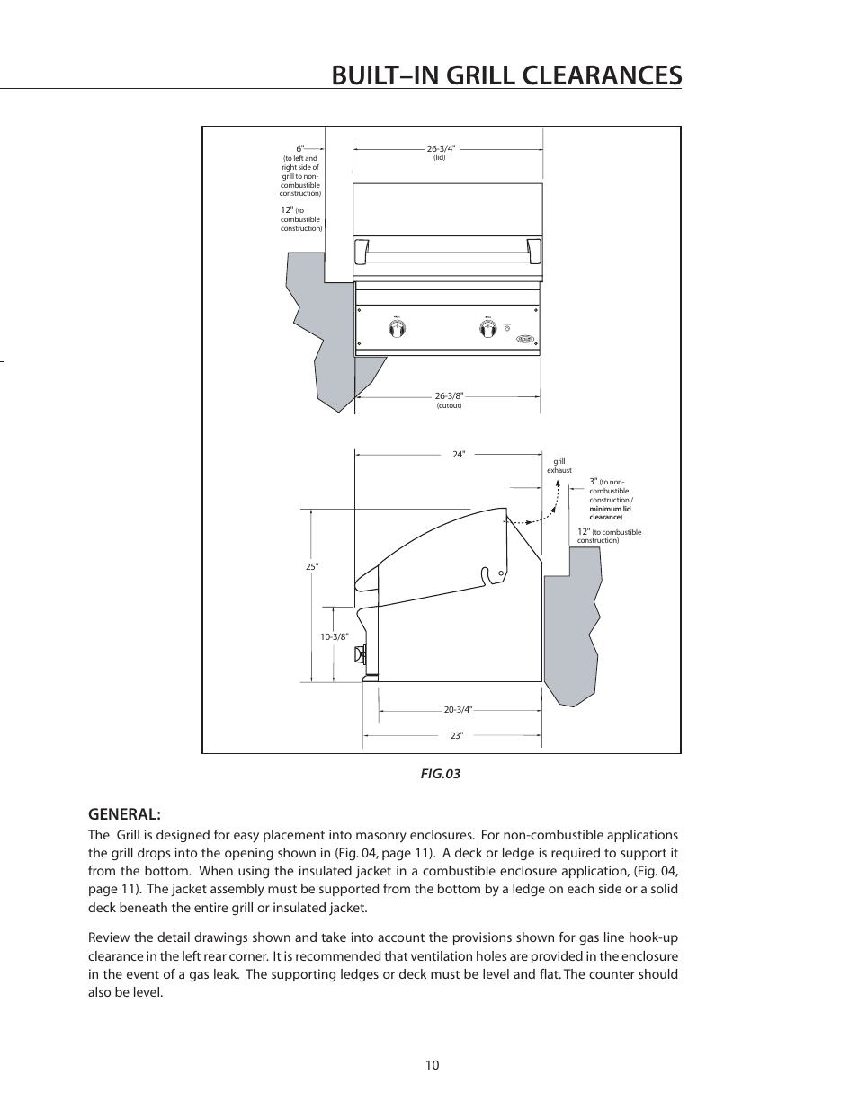 Built–in grill clearances, General | DCS BGA26-BQ User Manual | Page 11 / 30