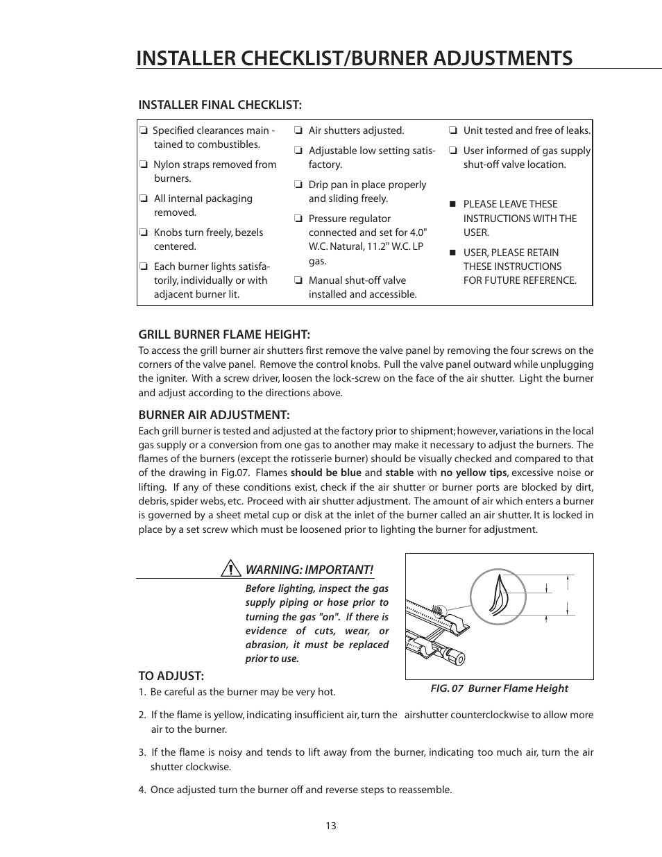 Installer checklist/burner adjustments | DCS BGA26-BQ User Manual | Page 14 / 30
