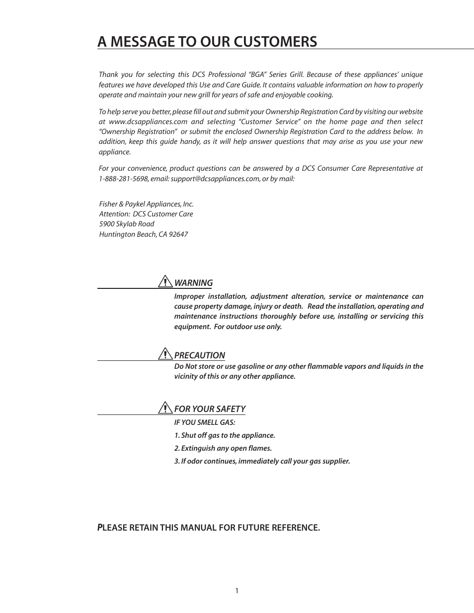 A message to our customers | DCS BGA26-BQ User Manual | Page 2 / 30