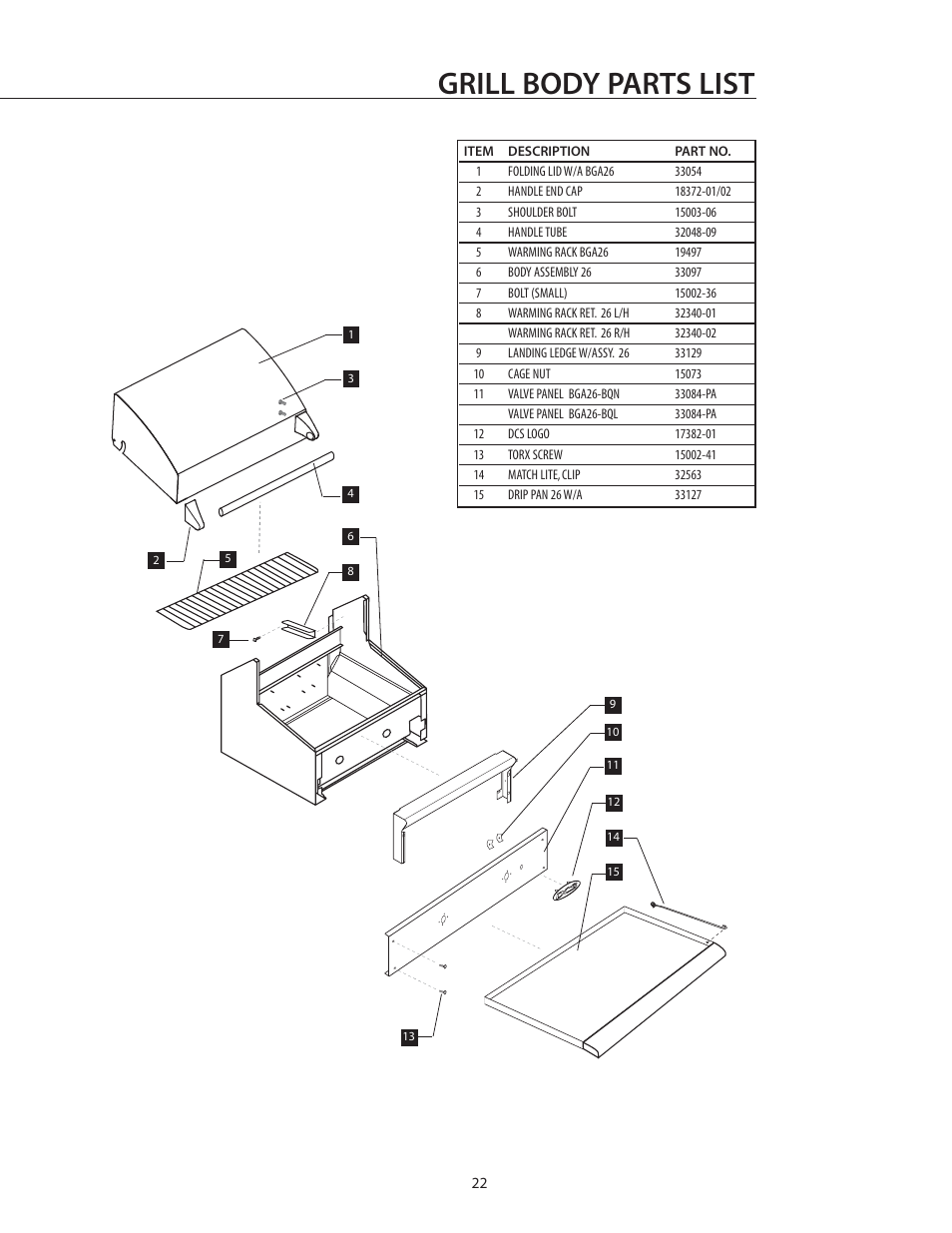 Grill body parts list | DCS BGA26-BQ User Manual | Page 23 / 30