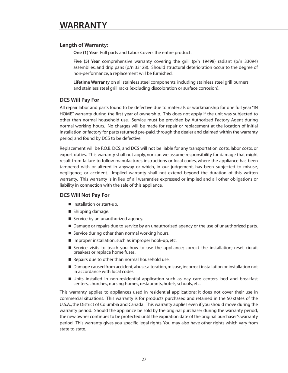 Warranty | DCS BGA26-BQ User Manual | Page 28 / 30