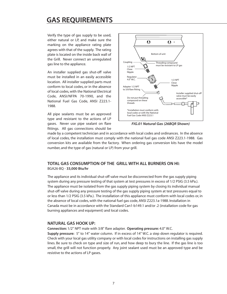 Gas requirements, Natural gas hook up | DCS BGA26-BQ User Manual | Page 8 / 30