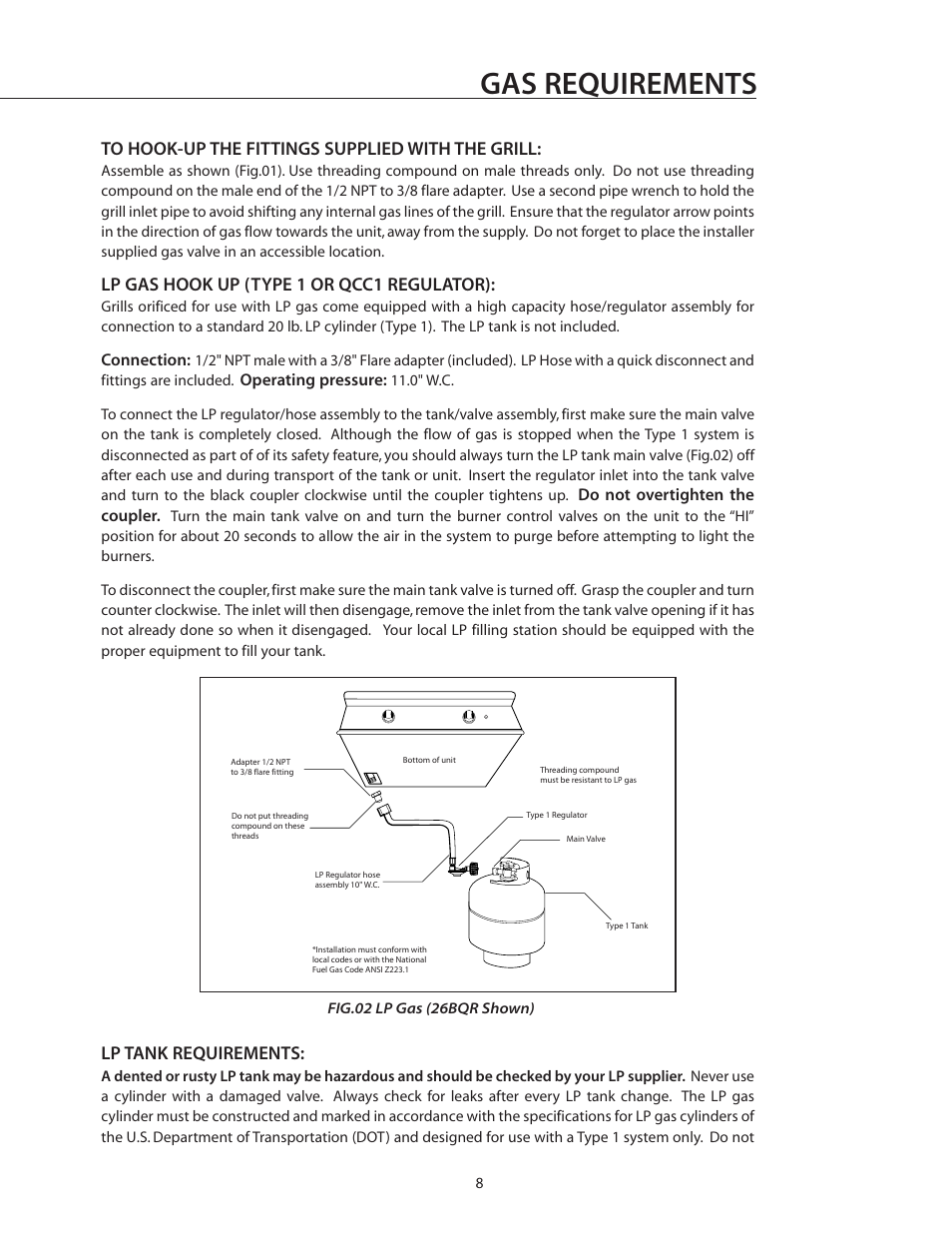 Gas requirements, Lp gas hook up (type 1 or qcc1 regulator), Lp tank requirements | DCS BGA26-BQ User Manual | Page 9 / 30