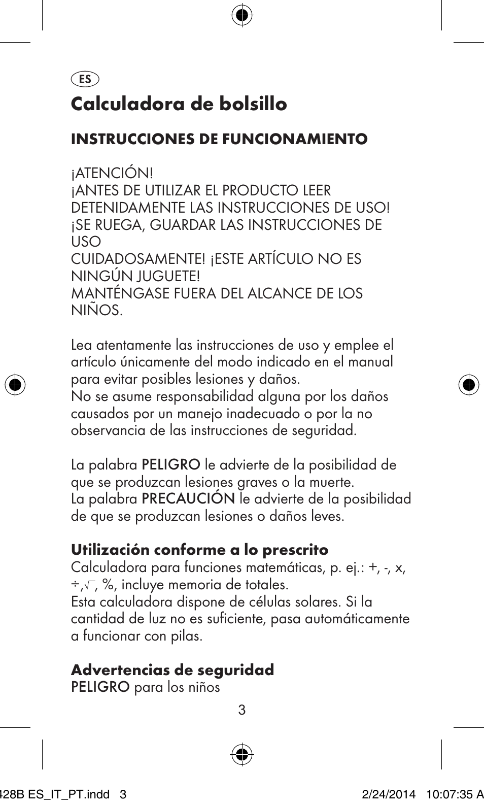 Calculadora de bolsillo | United Office Z32070B User Manual | Page 3 / 34