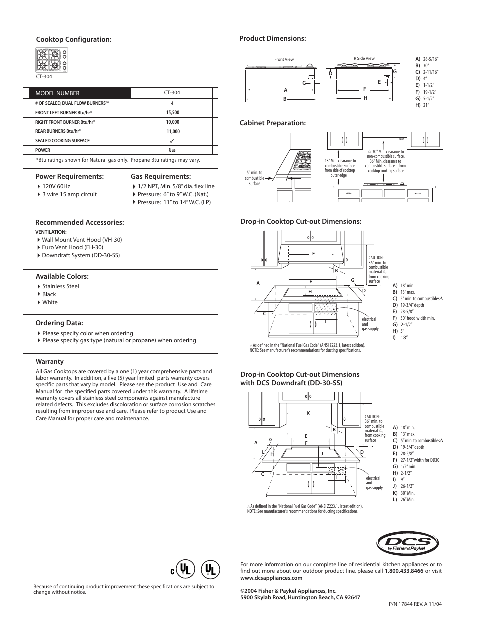 Product dimensions: cabinet preparation, Drop-in cooktop cut-out dimensions, Warranty | Power requirements, Gas requirements, Recommended accessories, Ordering data, Available colors | DCS CT-304 User Manual | Page 2 / 2