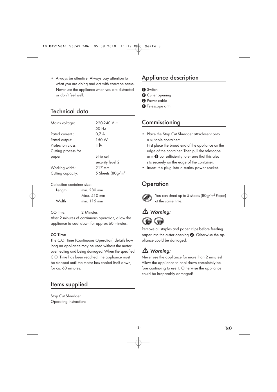 Technical data, Items supplied, Appliance description | Commissioning, Operation, Warning | United Office UAV 150 A1 User Manual | Page 5 / 8