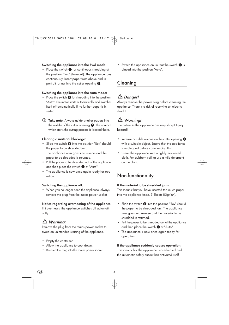 Cleaning, Non-functionality, Warning | Danger | United Office UAV 150 A1 User Manual | Page 6 / 8