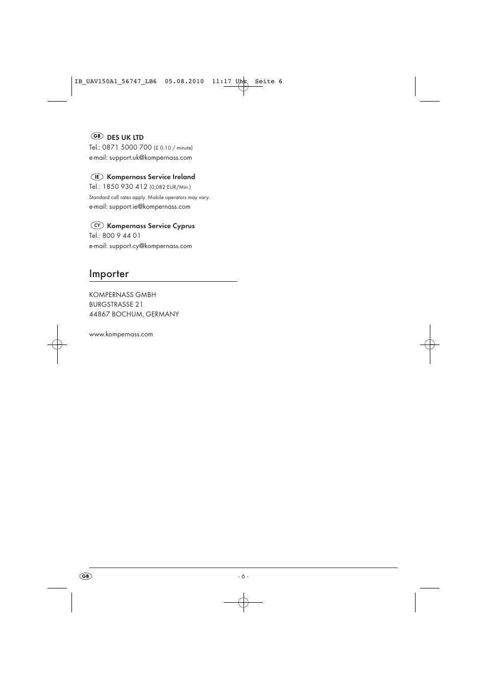 Importer | United Office UAV 150 A1 User Manual | Page 8 / 8