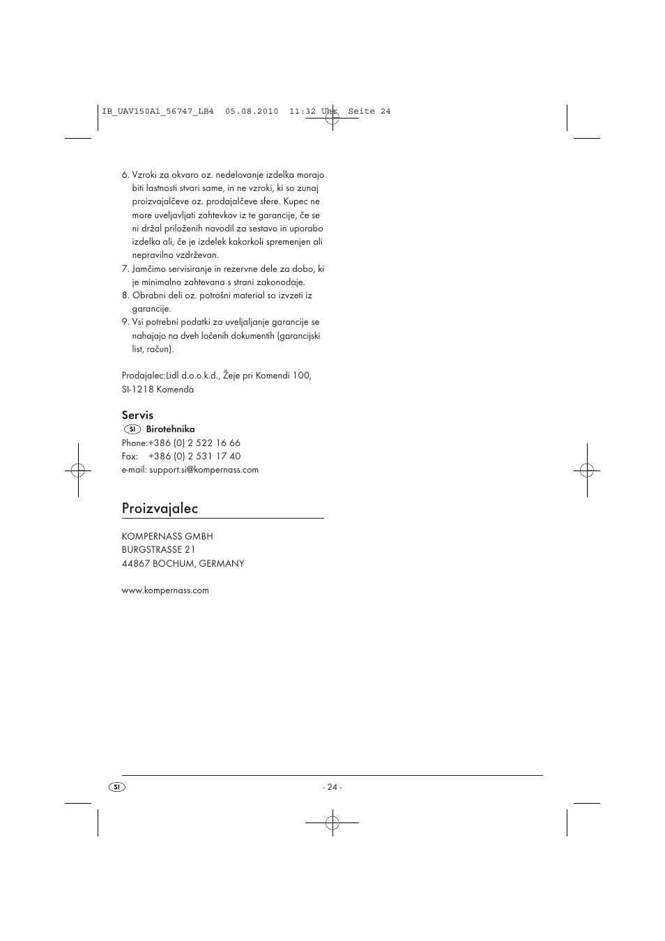 Proizvajalec, Servis | United Office UAV 150 A1 User Manual | Page 26 / 44