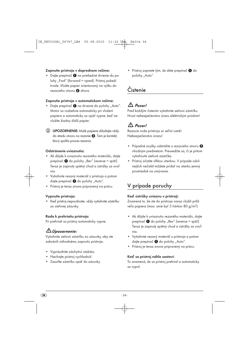 Čistenie, V prípade poruchy, Upozornenie | Pozor | United Office UAV 150 A1 User Manual | Page 36 / 44