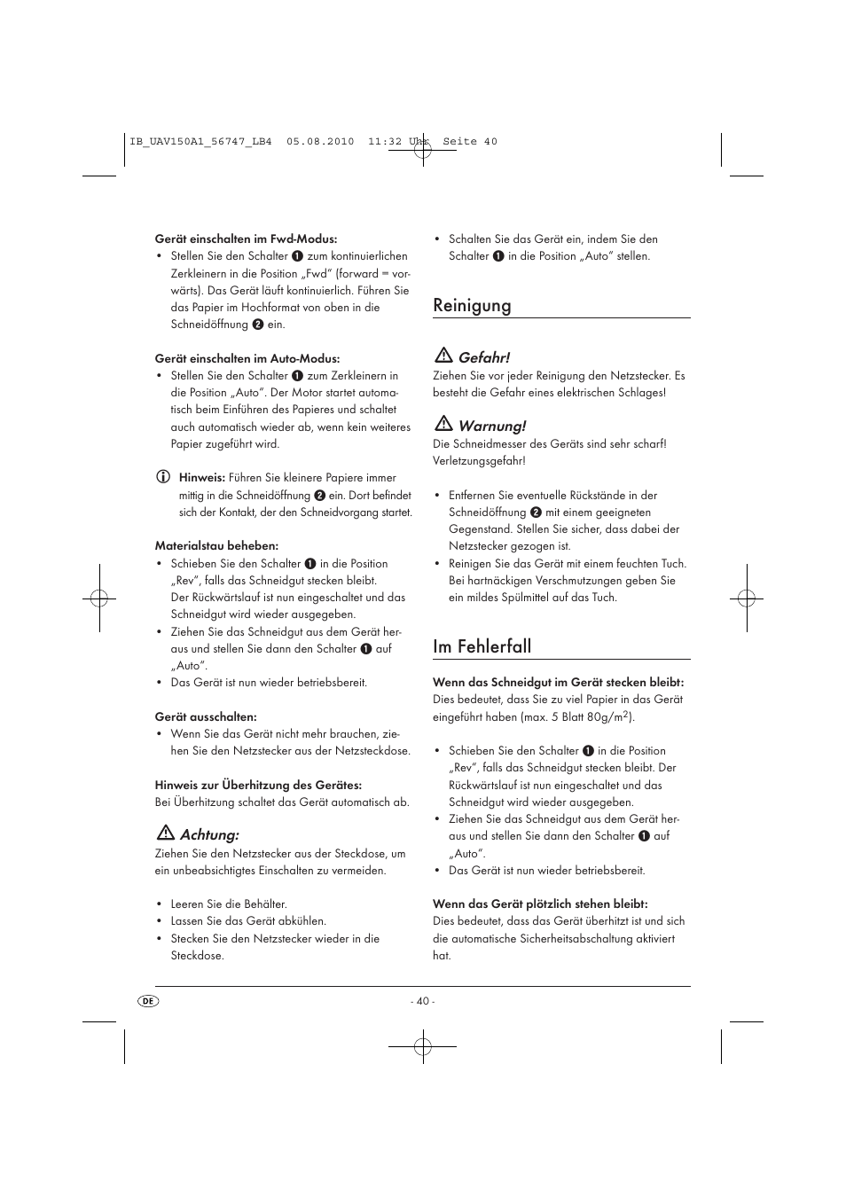 Reinigung, Im fehlerfall, Achtung | Gefahr, Warnung | United Office UAV 150 A1 User Manual | Page 42 / 44