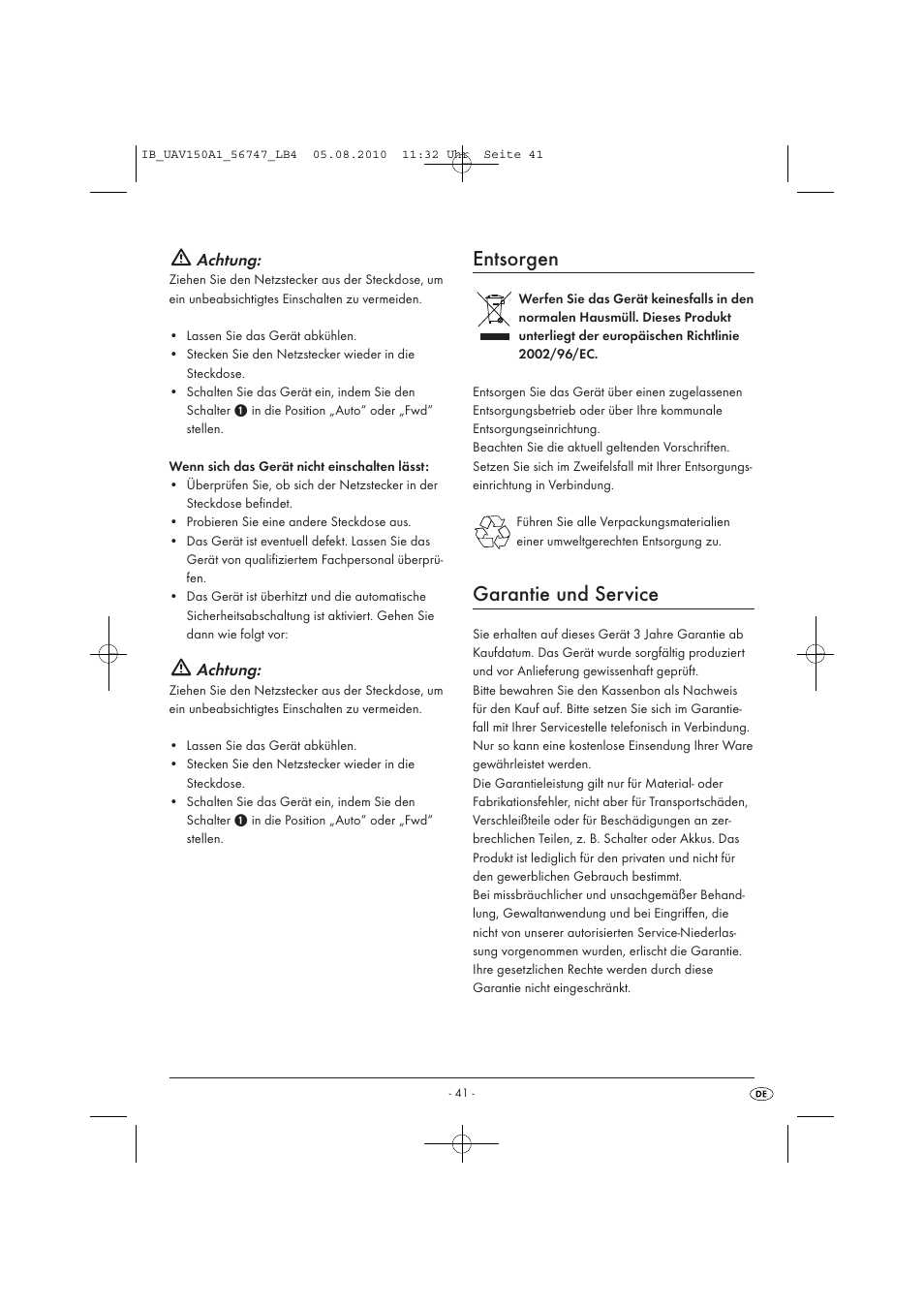 Entsorgen, Garantie und service, Achtung | United Office UAV 150 A1 User Manual | Page 43 / 44