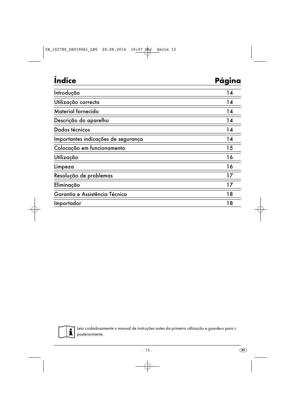 Índice página | United Office UAV 190 A1 User Manual | Page 16 / 34