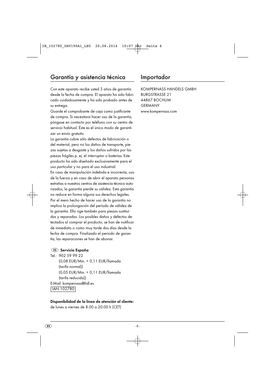 Garantía y asistencia técnica, Importador | United Office UAV 190 A1 User Manual | Page 9 / 34