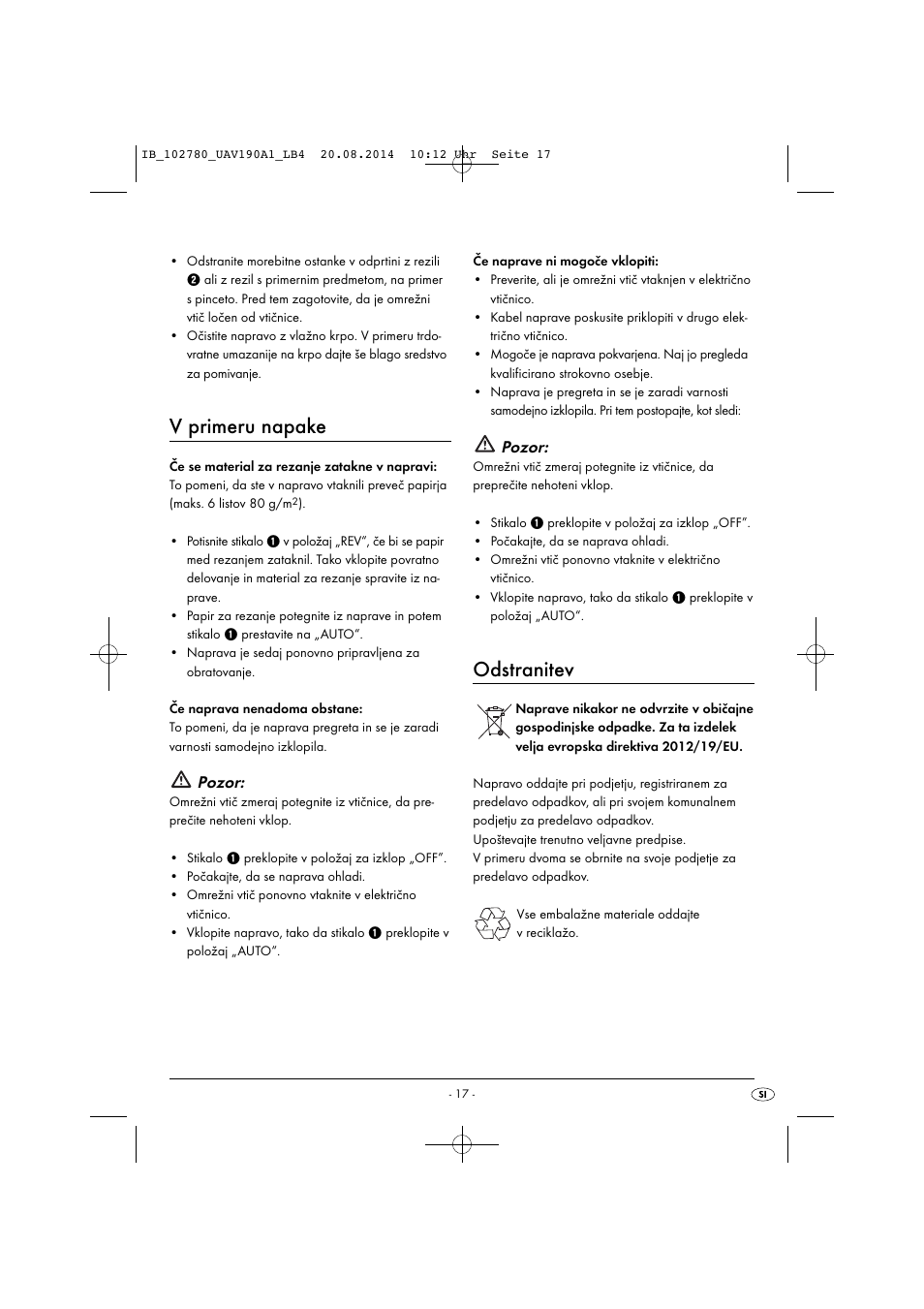 V primeru napake, Odstranitev, Pozor | United Office UAV 190 A1 User Manual | Page 20 / 40