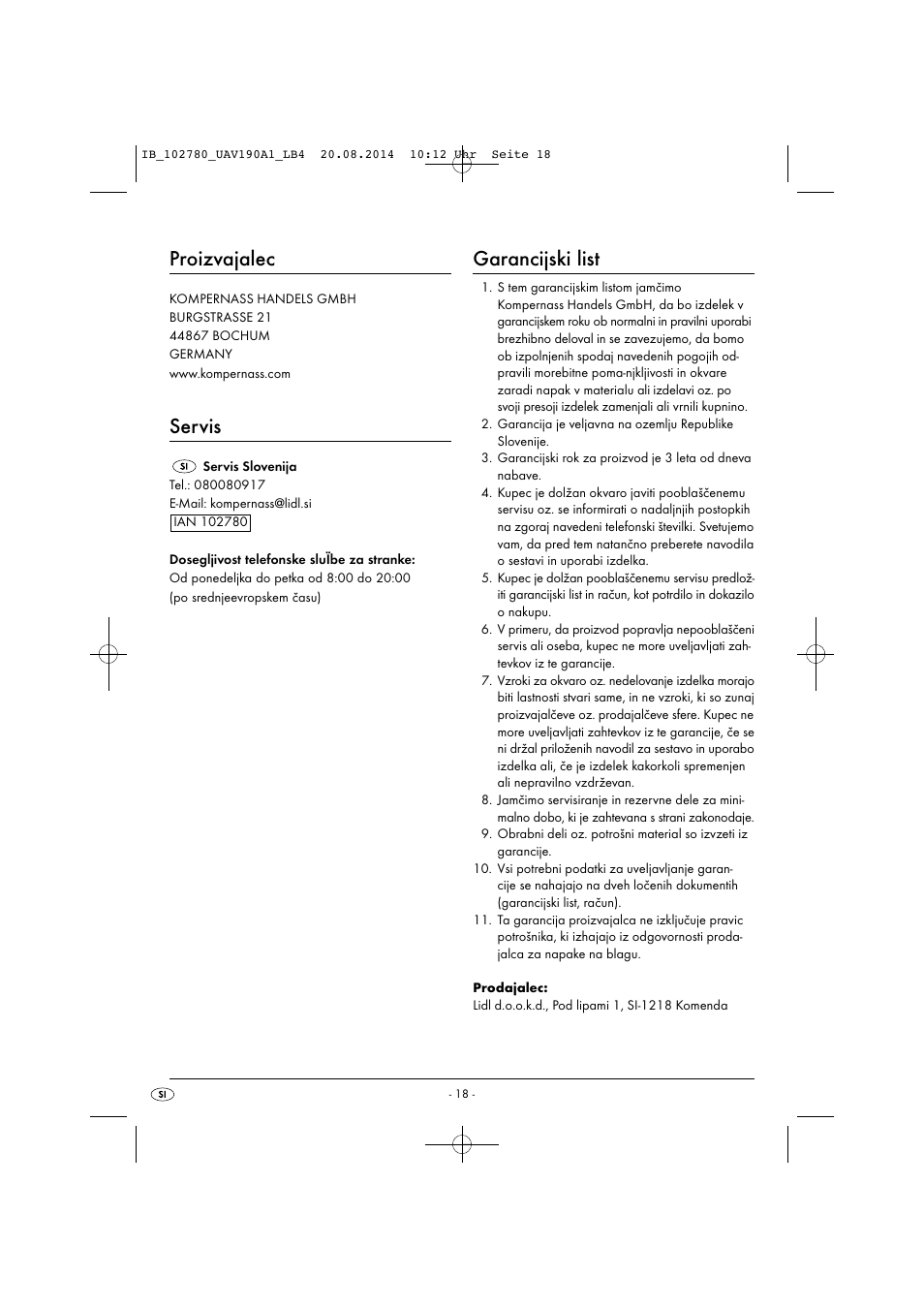 Proizvajalec, Servis, Garancijski list | United Office UAV 190 A1 User Manual | Page 21 / 40