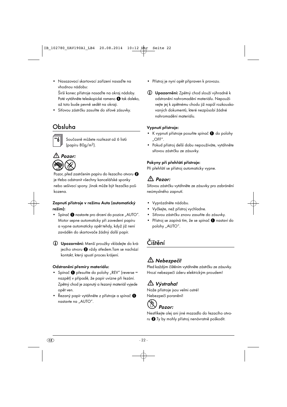 Obsluha, Čištění, Pozor | Nebezpečí, Výstraha | United Office UAV 190 A1 User Manual | Page 25 / 40